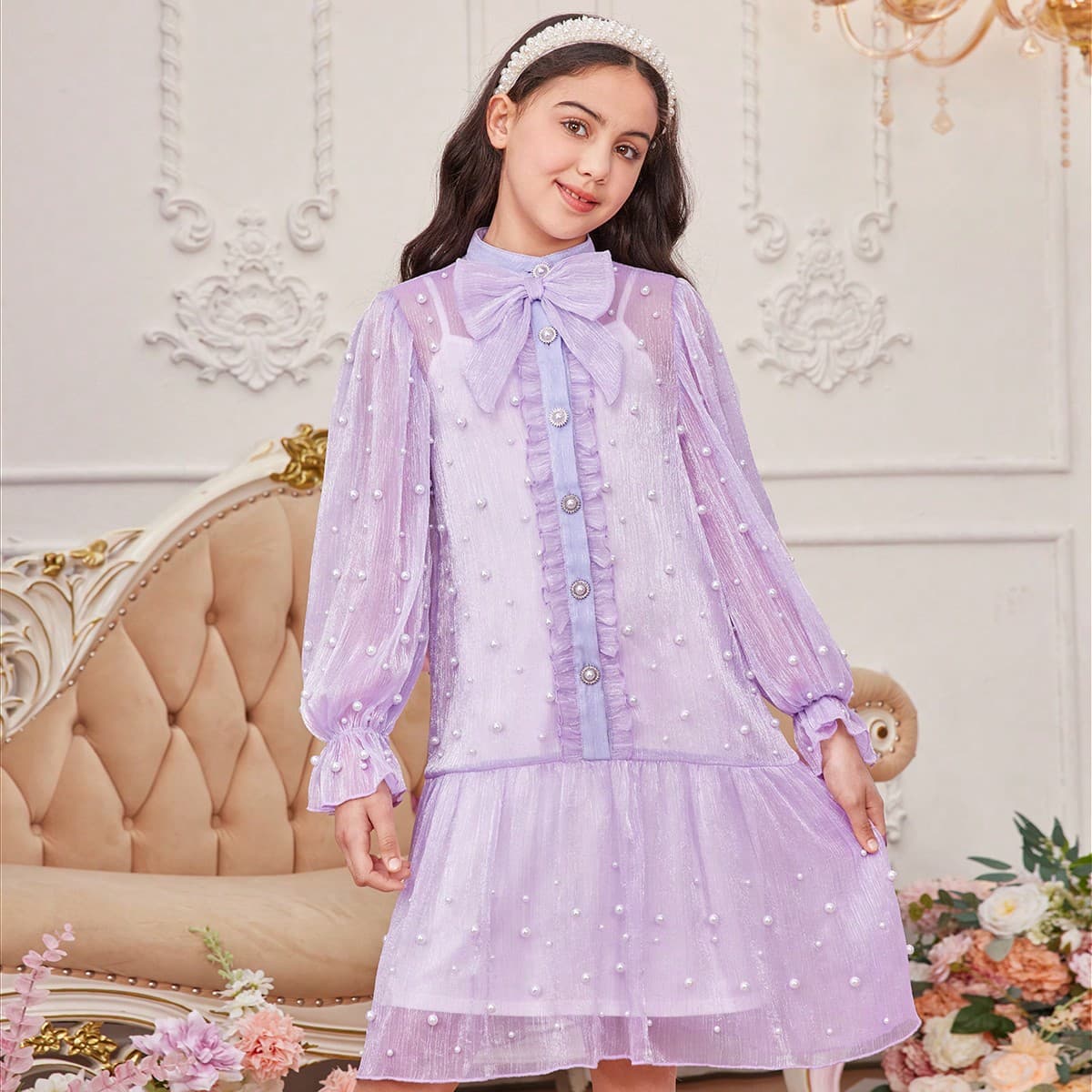 Ensemble de 2 piÃ¨ces de robes Ã bretelles pour filles de adolescent avec nÅ“ud papillon Ã col montant, perles informatiques et ornements en strass