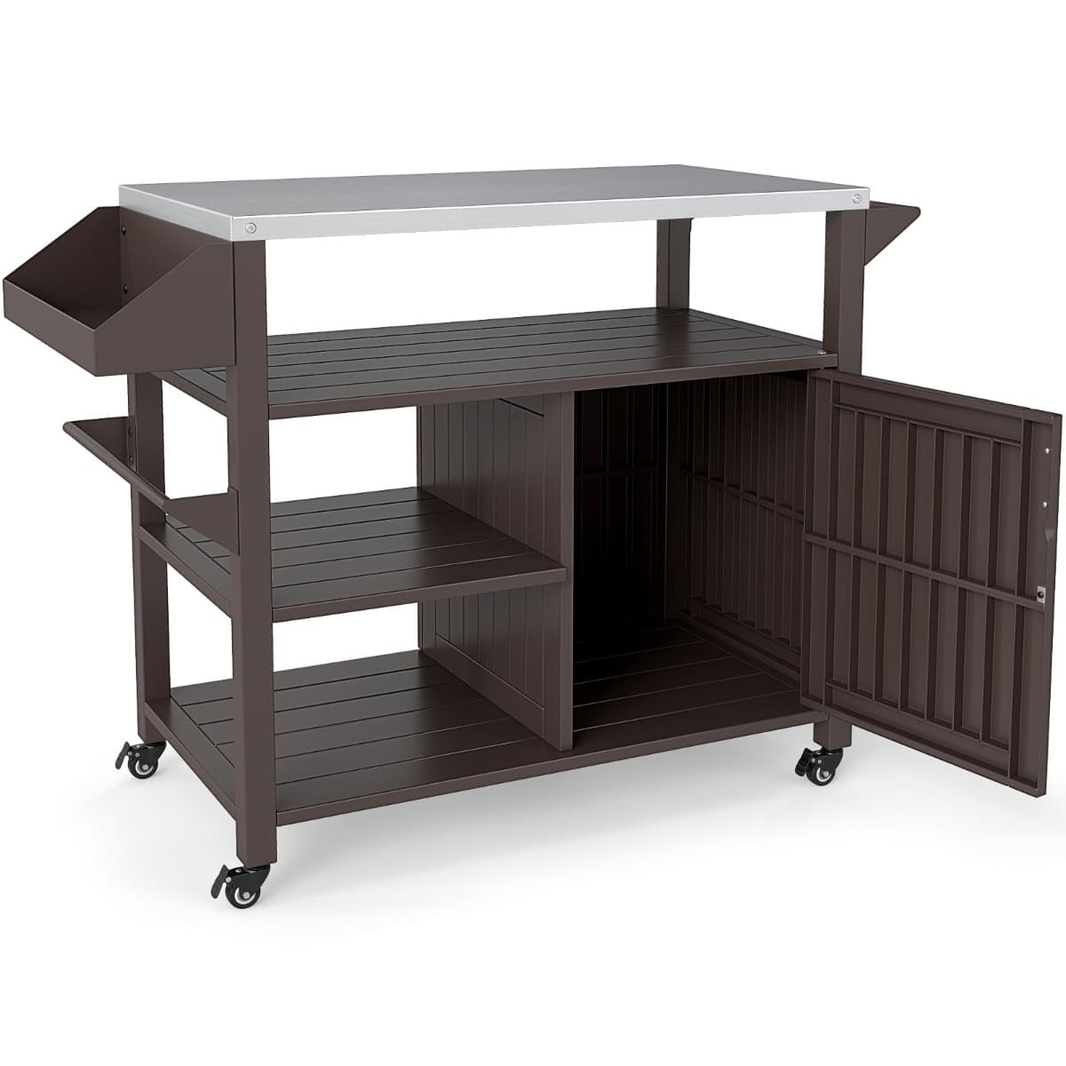 CostwayChariot de Grill Extérieur Table de Préparation Mobile avec Armoire de Rangement Étagères et Plateau en Acier Inoxydable Porte-épices Marron