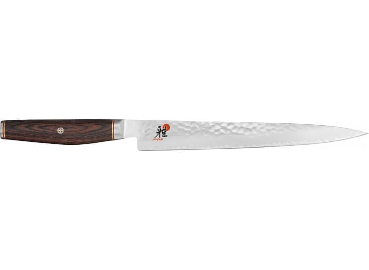 Couteau à trancher japonais miyabi 6000mct lame martelée 24cm + manche en pakka