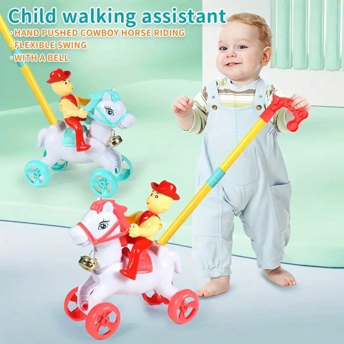 Jouet de charrettes pour bébé, jouet pour pratiquer la marche, cow-boys montant des chevaux, poussez pour faire sonner la cloche. Cadeau de